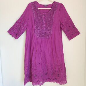 Roaman's 18W Purple Cotton Lace Popover Midi Dress Eyelet Design 100% Cotton